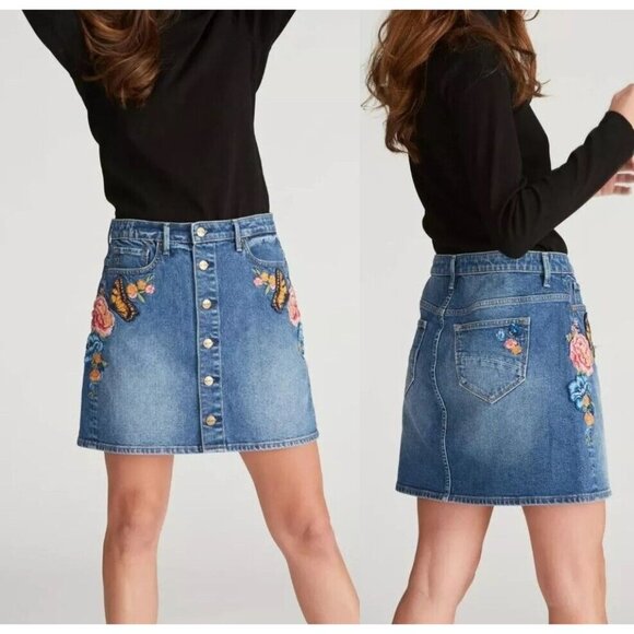 Free People Driftwood Leah Butterfly Effect Jean Mini Skirt 25 Button Front NWOT - Picture 1 of 8